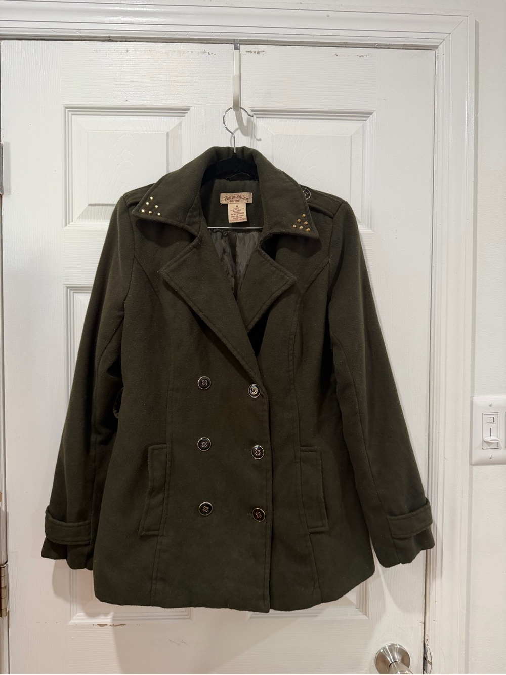 Paris Blues Olive Double-Breasted Peacoat with Studded Collar